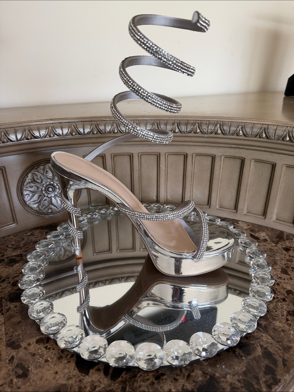 Wild Diva Silver Rhinestone Spiral Wrap Platform Heels